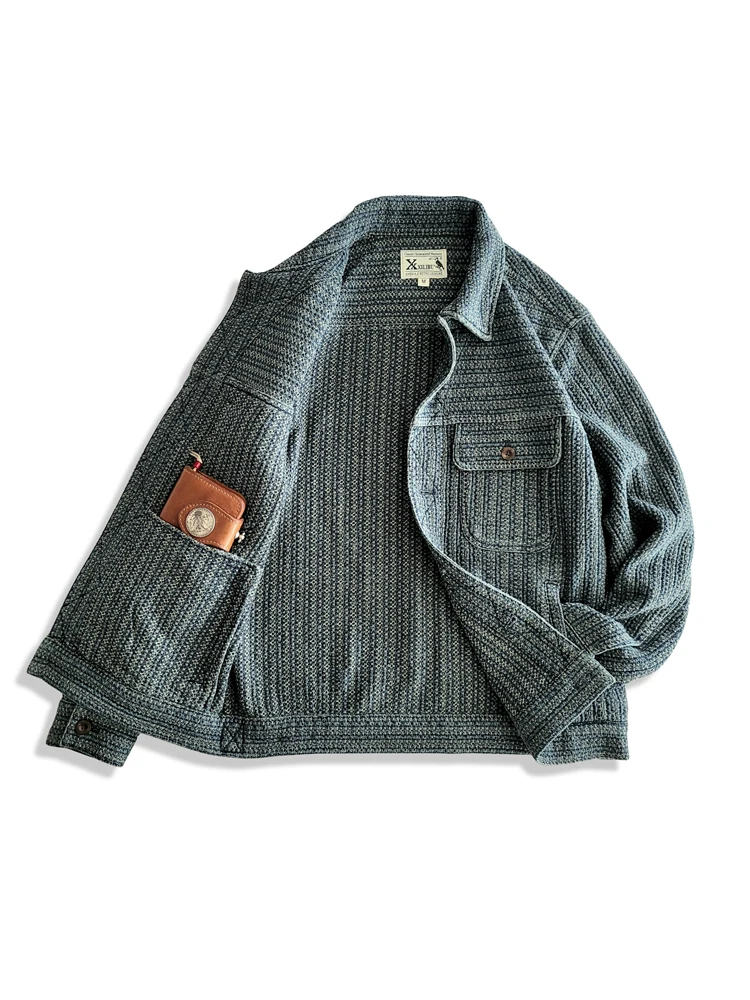 Japan Lifestyle And Culture - เสื้อแจ็คเก็ตยีนส์ลายรังผึ้งสไตล์ญี่ปุ่นแบบลำลองสำหรับผู้ชาย รุ่นหลวม สไตล์เรโทร ล้างทำเก่า