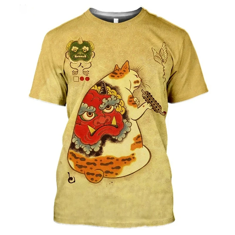 Japan Lifestyle And Culture - เสื้อยืดลายแมวคองฟูญี่ปุ่น พิมพ์ลาย 3 มิติ สำหรับผู้ชายและผู้หญิง เสื้อยืดฮาราจูกุ